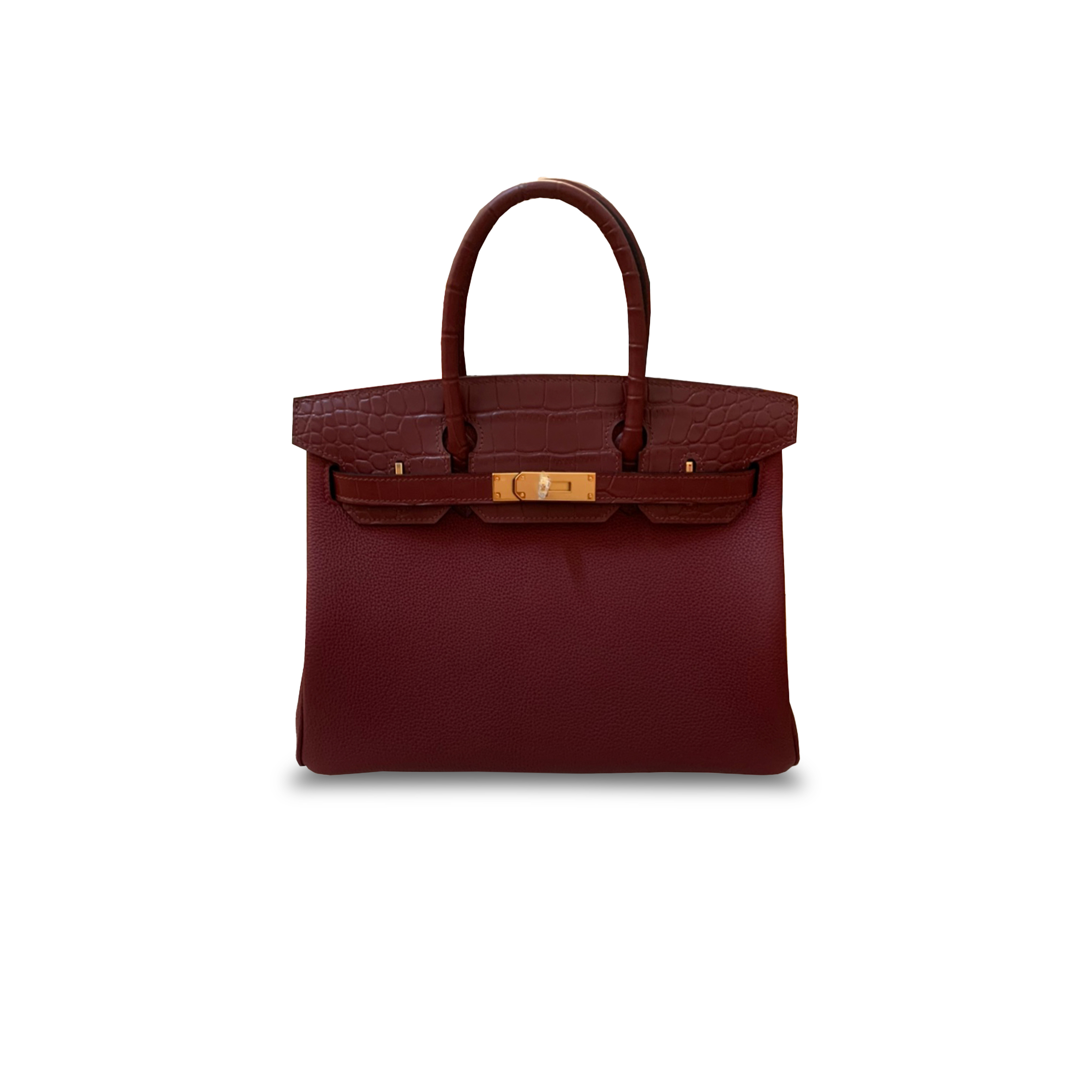 HERMÈS MASTER BIRKIN 30 MATTE CROCODILE AND TOGO LEATHER BURGUNDY GOLD BUCKLE H076235CK39 (30*22*16cm)